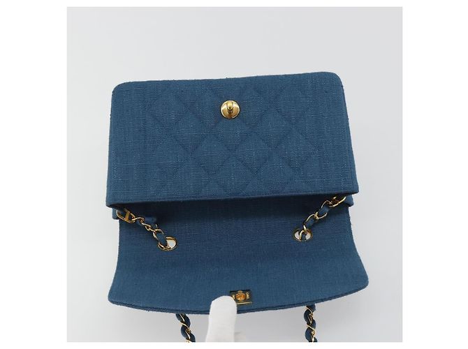 CHANEL Matelasse Chain Shoulder Bag Canvas Blue Gold CC Auth 191469SM D'oro - vista 20