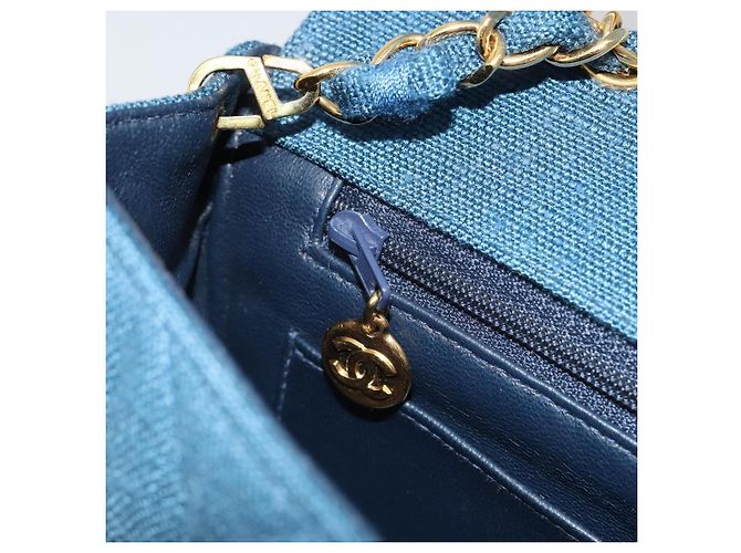 CHANEL Matelasse Chain Shoulder Bag Canvas Blue Gold CC Auth 191469SM D'oro - vista 24