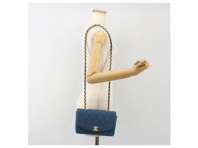 CHANEL Matelasse Chain Shoulder Bag Canvas Blue Gold CC Auth 191469SM D'oro - vista 27