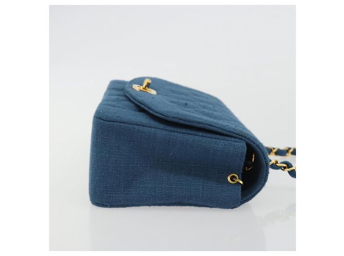 CHANEL Matelasse Chain Shoulder Bag Canvas Blue Gold CC Auth 191469SM D'oro - vista 3