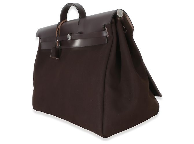 Hermès Chocolat Toile Officier Vache Hunter Herbag Zip Cabine Bag PHW Marrone - vista 3