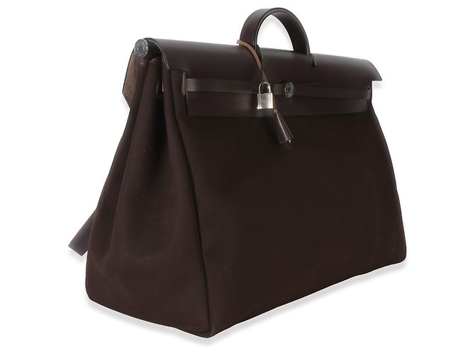 Hermès Chocolat Toile Officier Vache Hunter Herbag Zip Cabine Bag PHW Marrone - vista 4