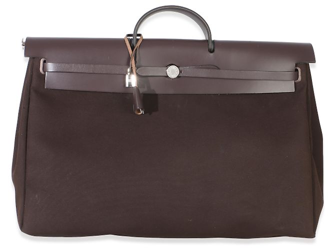 Hermès Chocolat Toile Officier Vache Hunter Herbag Zip Cabine Bag PHW Marrone - vista 7