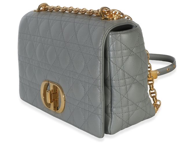 Borsa Christian Dior Caro Chain Medium in pelle di vitello morbida grigia cannage Marrone Blu - vista 3