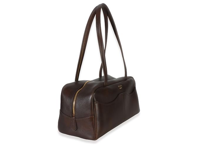 Grande borsa a tracolla in pelle di vitello invecchiata marrone cacao Prada - vista 4