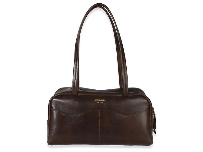 Grande borsa a tracolla in pelle di vitello invecchiata marrone cacao Prada - vista 8