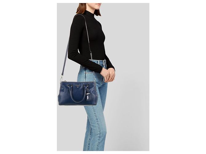 Prada Soft Calf Double Zip Tote Bag Blue - view 12