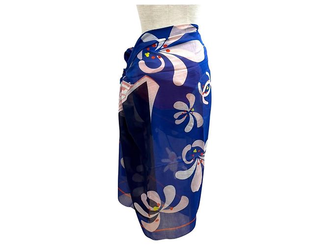 Sciarpa Chanel G19 in misto cotone e seta con motivo floreale blu - vista 5