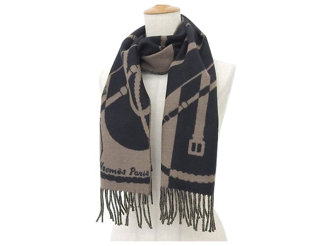 Hermès Hermes Clic Clac Cashmere Fransenstola Braun Schwarz - Ansicht 2