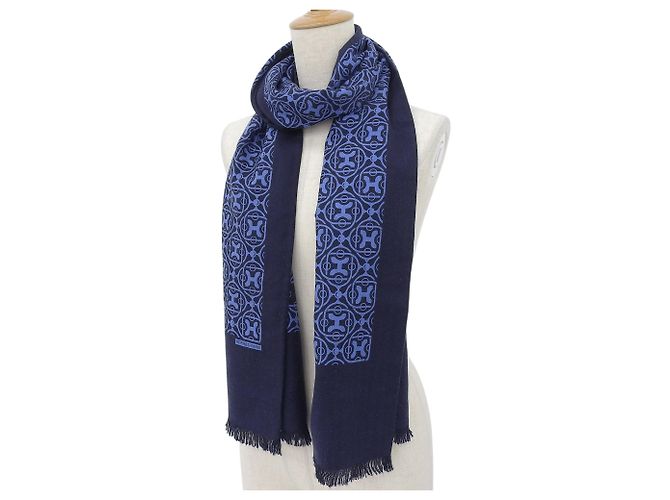 Hermès Sciarpa in cashmere e seta con motivo H Hermes e frange Blu Blu navy - vista 2