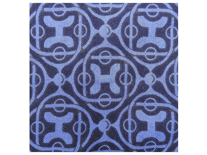 Hermès Sciarpa in cashmere e seta con motivo H Hermes e frange Blu Blu navy - vista 5