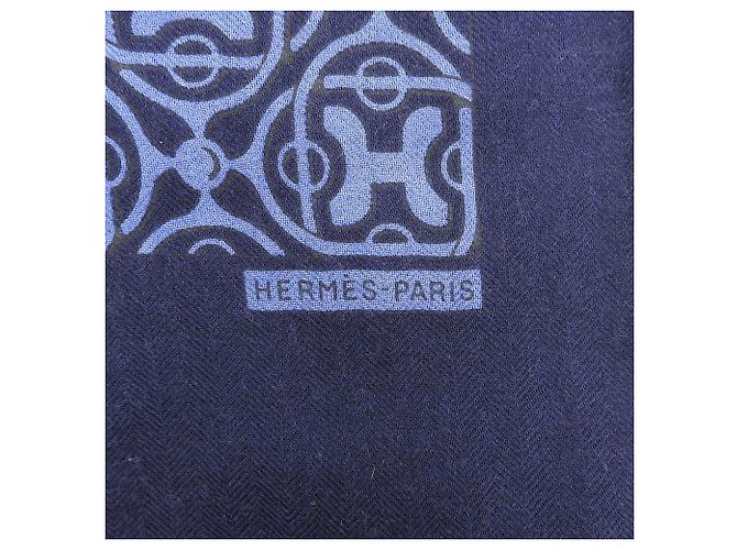 Hermès Sciarpa in cashmere e seta con motivo H Hermes e frange Blu Blu navy - vista 7