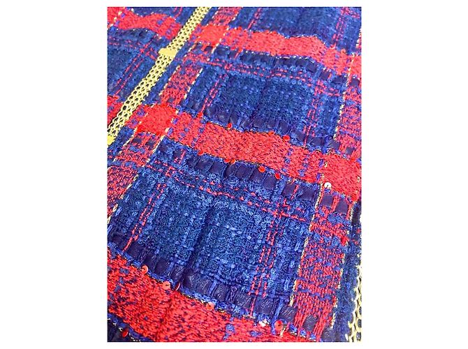 RARE CHANEL 08P RUNWAY BLUE RED GOLD CC MULTI CHAINS TWEED JACKET FR 44 Vermelho Azul Multicor Dourado Azul marinho Gold hardware - vista 10