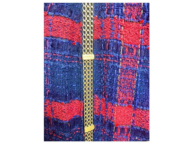 RARE CHANEL 08P RUNWAY BLUE RED GOLD CC MULTI CHAINS TWEED JACKET FR 44 Vermelho Azul Multicor Dourado Azul marinho Gold hardware - vista 11