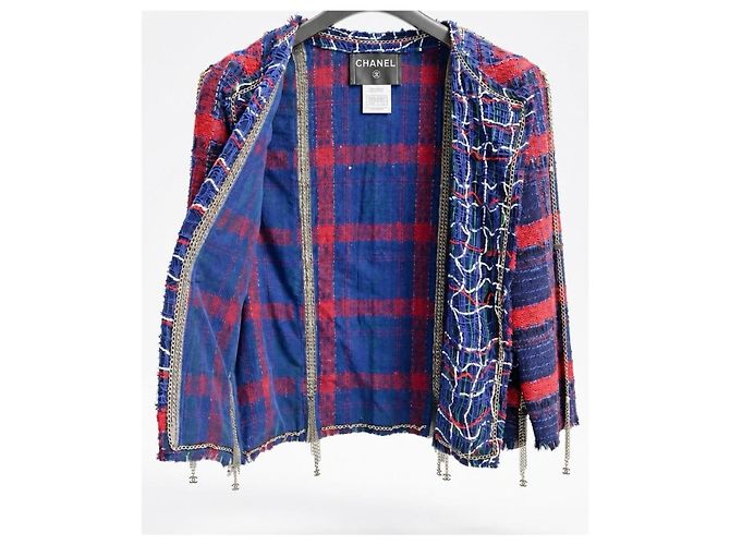 RARE CHANEL 08P RUNWAY BLUE RED GOLD CC MULTI CHAINS TWEED JACKET FR 44 Vermelho Azul Multicor Dourado Azul marinho Gold hardware - vista 12
