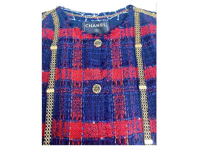 RARE CHANEL 08P RUNWAY BLUE RED GOLD CC MULTI CHAINS TWEED JACKET FR 44 Vermelho Azul Multicor Dourado Azul marinho Gold hardware - vista 2