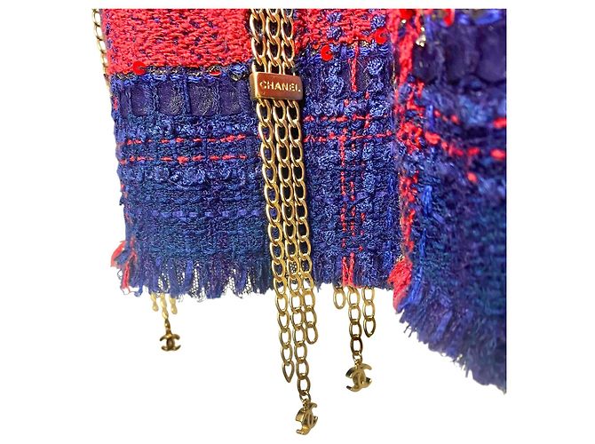 RARE CHANEL 08P RUNWAY BLUE RED GOLD CC MULTI CHAINS TWEED JACKET FR 44 Vermelho Azul Multicor Dourado Azul marinho Gold hardware - vista 3
