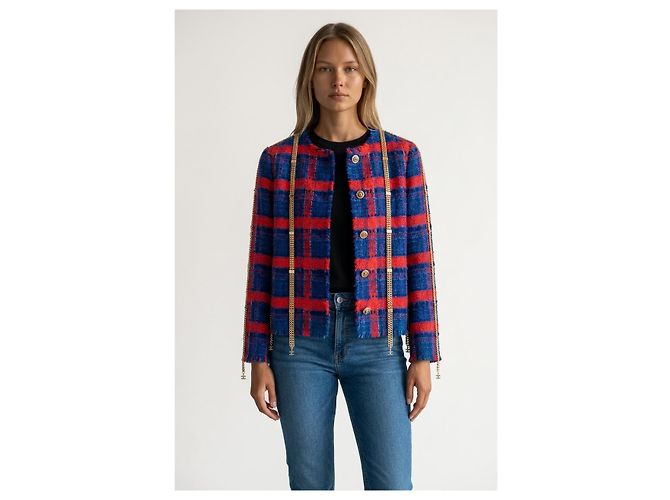 RARE CHANEL 08P RUNWAY BLUE RED GOLD CC MULTI CHAINS TWEED JACKET FR 44 Vermelho Azul Multicor Dourado Azul marinho Gold hardware - vista 5