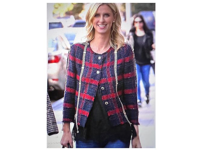 RARE CHANEL 08P RUNWAY BLUE RED GOLD CC MULTI CHAINS TWEED JACKET FR 44 Vermelho Azul Multicor Dourado Azul marinho Gold hardware - vista 7
