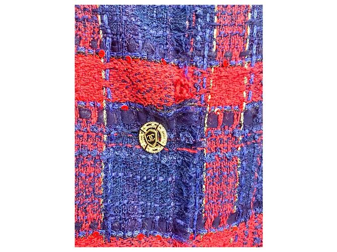 RARE CHANEL 08P RUNWAY BLUE RED GOLD CC MULTI CHAINS TWEED JACKET FR 44 Vermelho Azul Multicor Dourado Azul marinho Gold hardware - vista 9