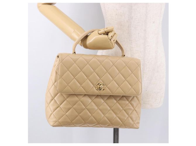 CHANEL Matelasse Hand Bag Lamb Skin Beige Gold CC Auth ka5163V D'oro - vista 28