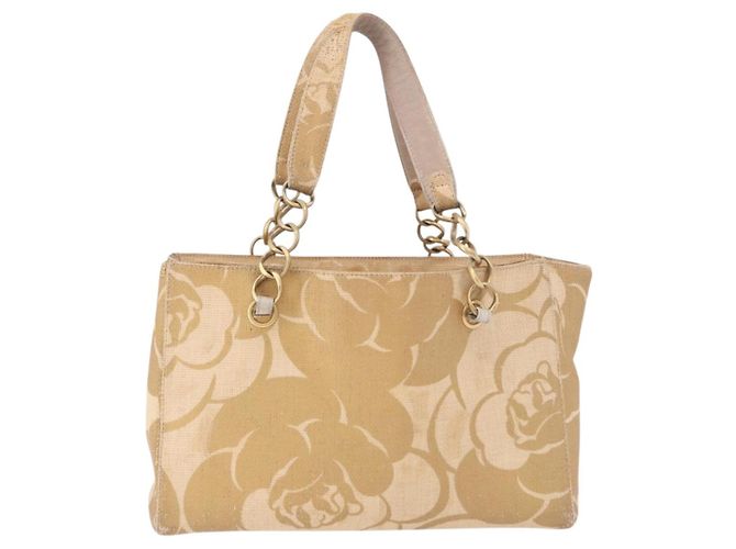 Borsa Tote con tracolla a catena CHANEL in Raffia Beige Oro CC Auth 191448V D'oro - vista 2