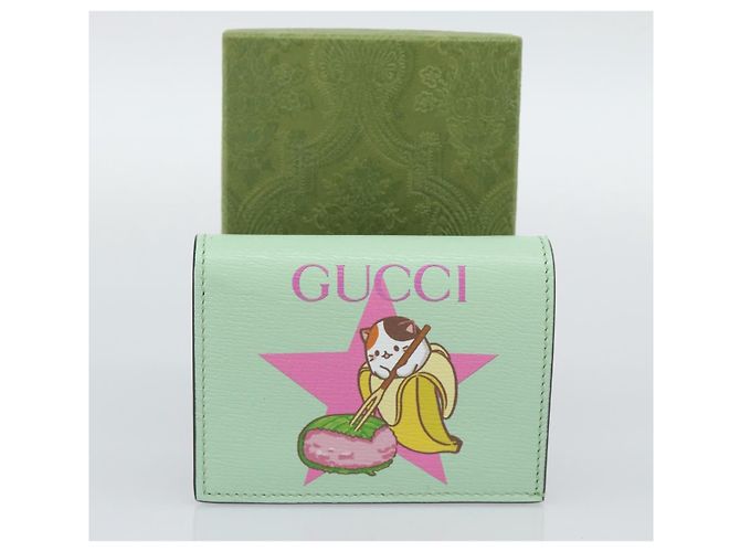 GUCCI Bananya Cartera Compacta de Cuero Verde Menta 701009 Auth 191625M - vista 12