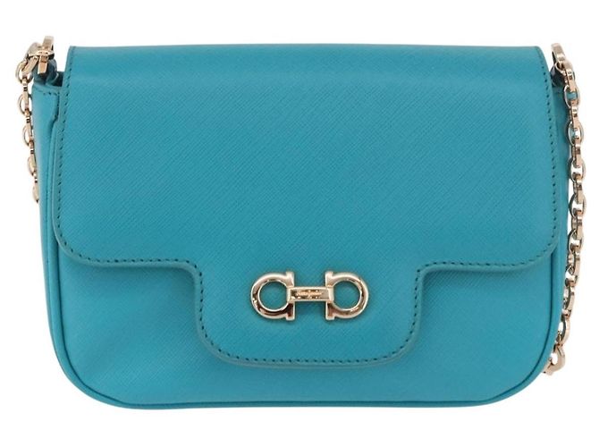 Borsa a tracolla Salvatore Ferragamo Gancini in catena di pelle blu e oro Auth 191493A D'oro Turchese - vista 13