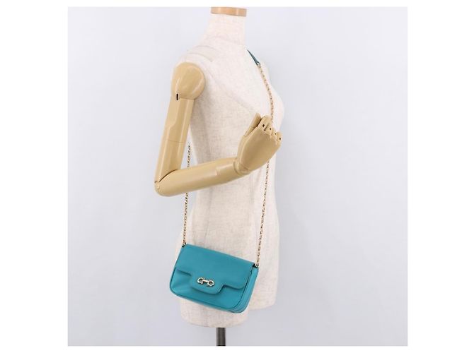 Borsa a tracolla Salvatore Ferragamo Gancini in catena di pelle blu e oro Auth 191493A D'oro Turchese - vista 22