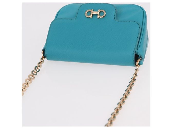 Borsa a tracolla Salvatore Ferragamo Gancini in catena di pelle blu e oro Auth 191493A D'oro Turchese - vista 6