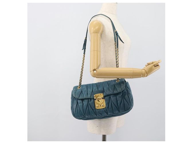 Borsa a Spalla Miu Miu Matelasse in Pelle Blu con Catena Oro Autentica 191596A - vista 26