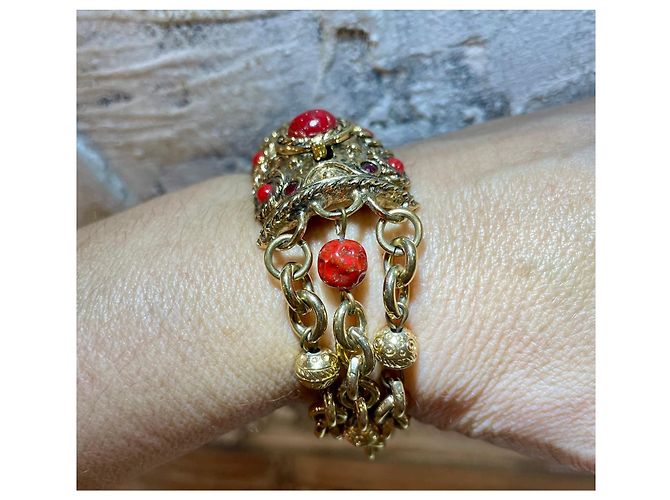 Bracciale Guy Laroche Stile Bizantino Dorato con Cabochon Rossi Rosso D'oro - vista 3