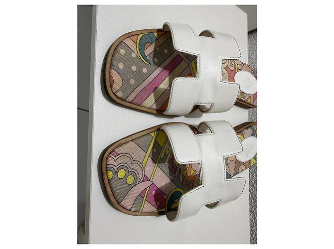 Sandali Hermès Oran bianchi in pelle e tessuto stampato 38 Bianco Multicolore - vista 6