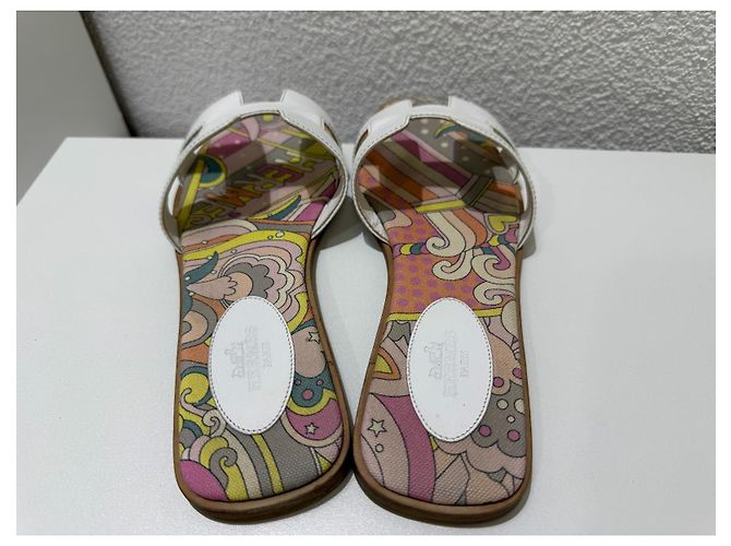 Sandali Hermès Oran bianchi in pelle e tessuto stampato 38 Bianco Multicolore - vista 9