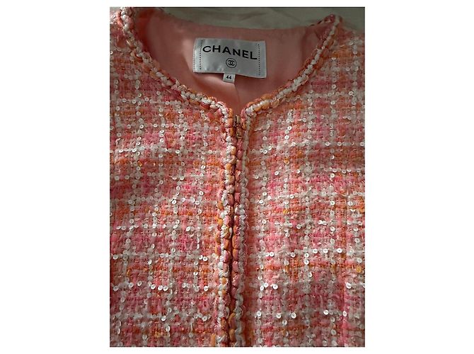 Giacca in tweed Chanel rosa e bianca con paillettes Bianco Arancione - vista 2