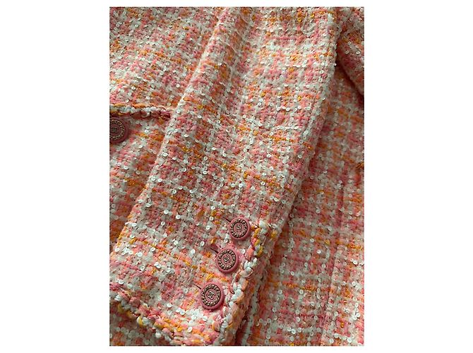 Giacca in tweed Chanel rosa e bianca con paillettes Bianco Arancione - vista 4