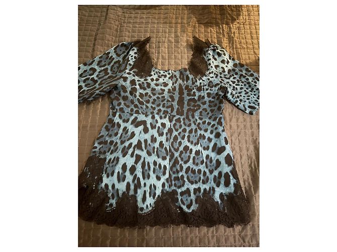 Dolce & Gabbana Top in seta leopardato blu e pizzo Stampa leopardo - vista 2