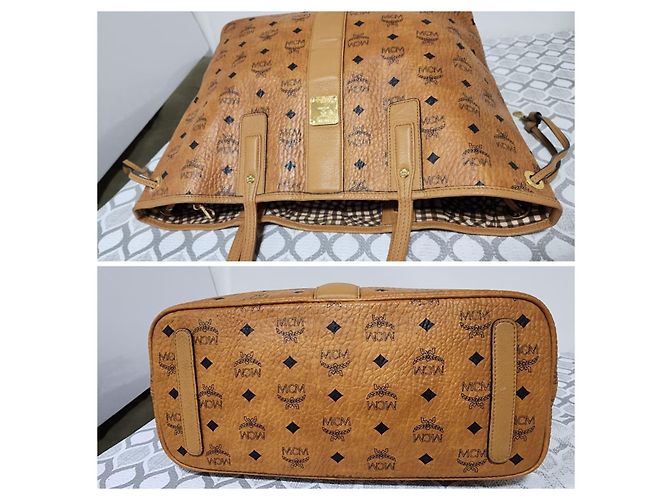 MCM Visetos Medium Liz Reversible Shopper Tote Cognac Marrone - vista 5