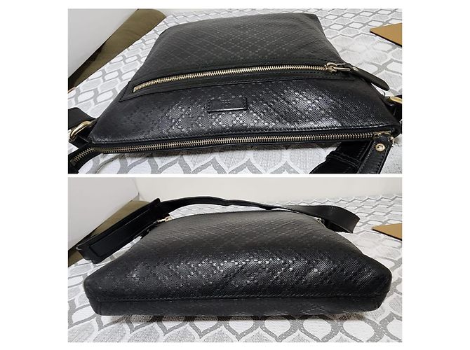 GUCCI Bolsa Messenger Plana Média Guccissima Signature Preta Preto - vista 8
