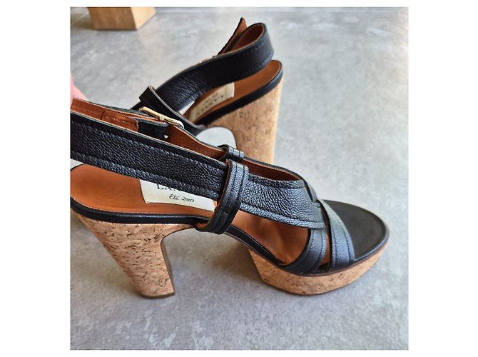 Sandali con zeppa Lanvin in pelle nera e sughero Nero - vista 12