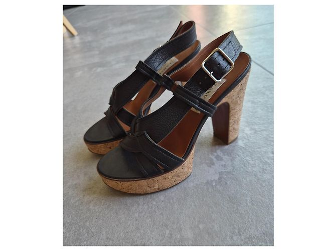 Sandali con zeppa Lanvin in pelle nera e sughero Nero - vista 4