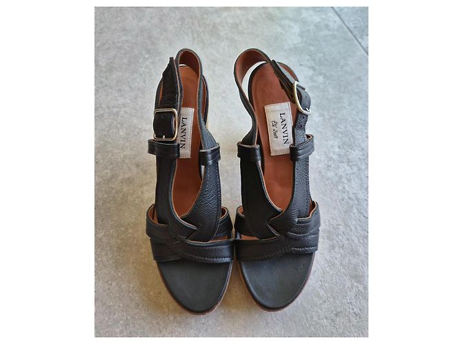 Sandali con zeppa Lanvin in pelle nera e sughero Nero - vista 5
