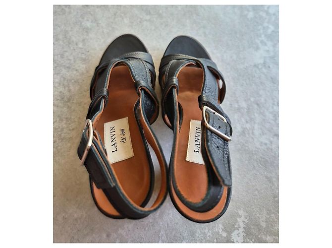 Sandali con zeppa Lanvin in pelle nera e sughero Nero - vista 6