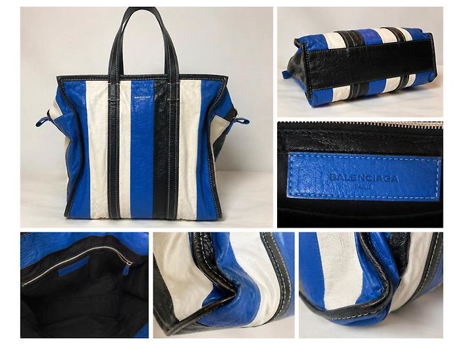 Borsa tote Balenciaga in pelle a righe Nero Bianco Blu - vista 3
