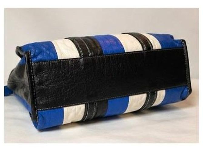 Borsa tote Balenciaga in pelle a righe Nero Bianco Blu - vista 4
