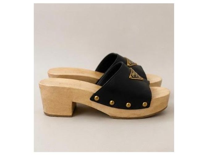 Zoccoli in legno e pelle nera Prada Nero - vista 2