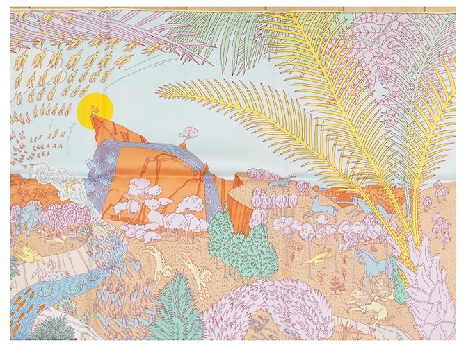 Hermès Sciarpa Hermes Le Carnaval des Animaux 90 cm seta rosa blu Carré animal carnival 35" AUC53636_0702 Multicolore Beige Verde Arancione Giallo Blu chiaro - vista 3