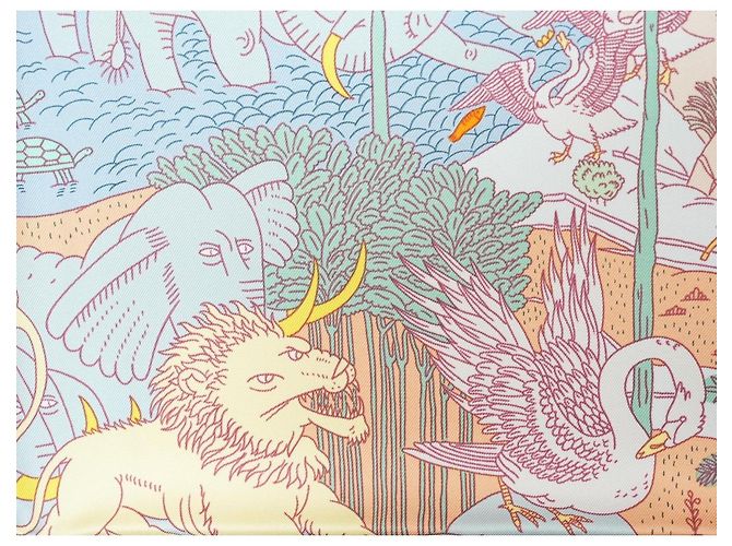 Hermès Sciarpa Hermes Le Carnaval des Animaux 90 cm seta rosa blu Carré animal carnival 35" AUC53636_0702 Multicolore Beige Verde Arancione Giallo Blu chiaro - vista 9