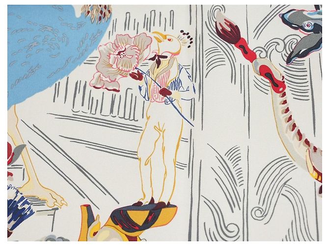 Hermès Sciarpa Hermes Emile et Une Nuit 90 cm seta crema beige Carre night animal 35" AUC57717_0702 - vista 12