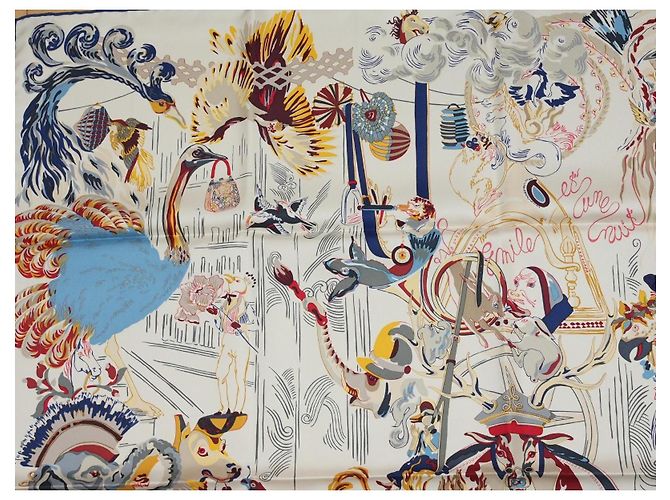 Hermès Sciarpa Hermes Emile et Une Nuit 90 cm seta crema beige Carre night animal 35" AUC57717_0702 - vista 2